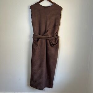 NWT Zara Midi Dress Size S Brown Quilted Ribbed Sleeveless Front Tie Pocket